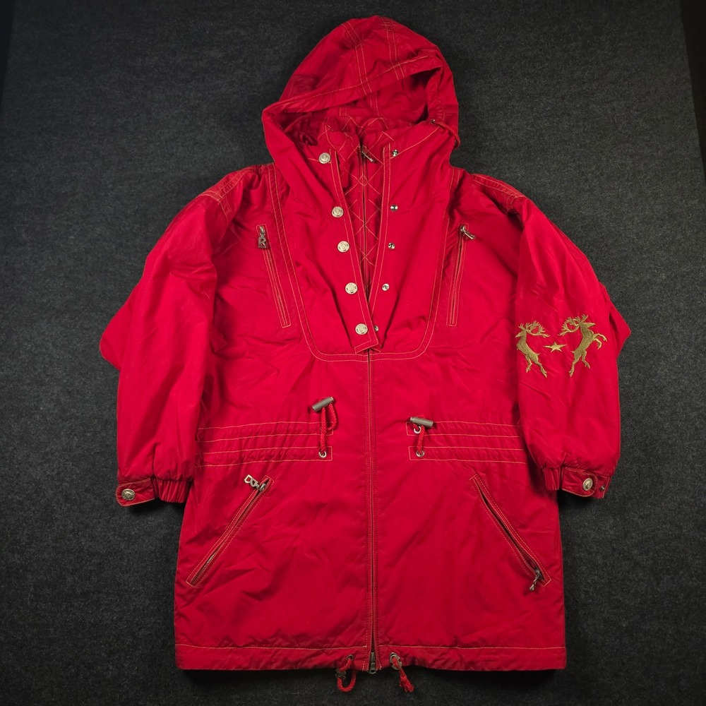Vtg 80s Bogner Red Hooded Ski Jacket Reindeer Embroidery USA Made Womens Size 4